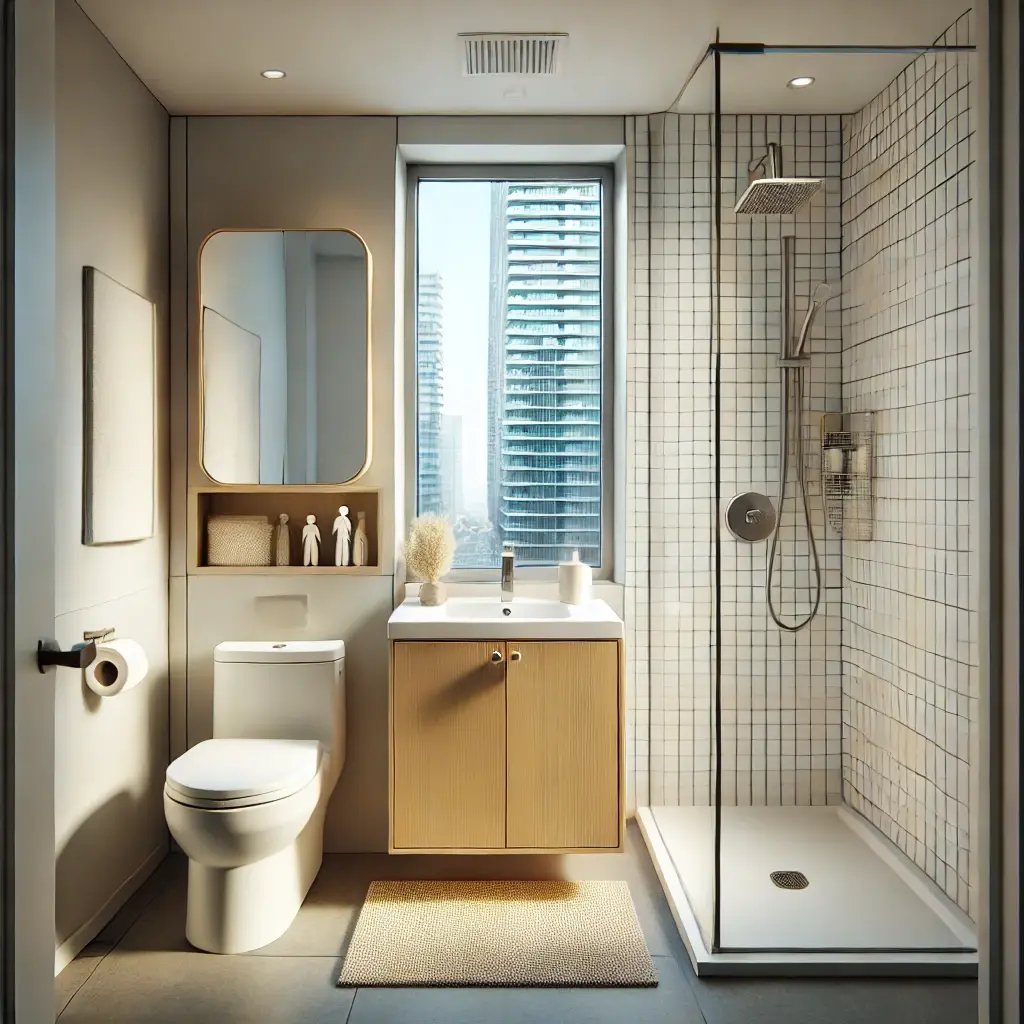 DALL·E 2024-08-01 08.30.48 - A realistic rendering of a small, modern bathroom in a downtown Toronto condo. The bathroom features mid-range fixtures, cost-effective materials, and