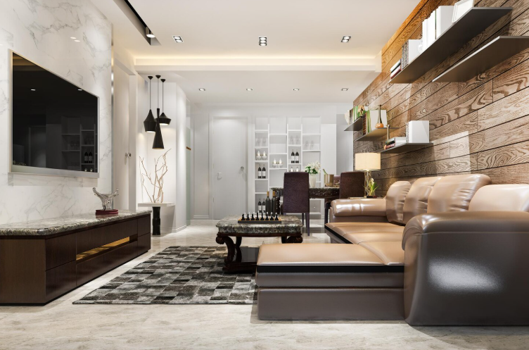 Stylish basement with wood panel accent wall and sectional seating