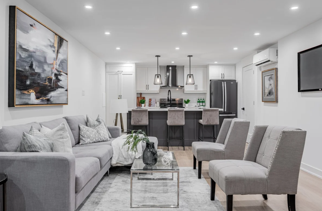 A newly renovated basement by BCR Basements. 